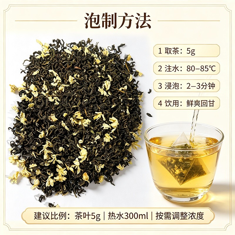 细紧卷曲原叶搭配鲜花窨制，浓郁天然花香，鲜爽醇甘，花香长久锁于茶内，耐冲泡，深受俄市场喜爱，袋泡茶规格可定制