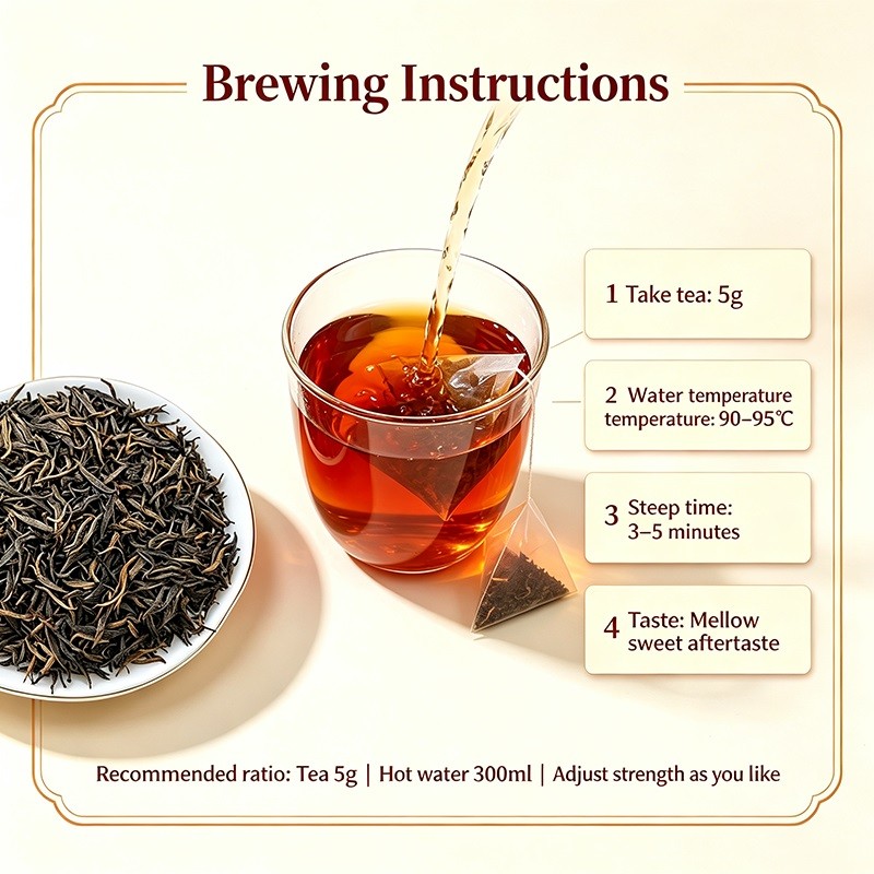The tea leaves are tightly rolled and possess a lustrous dark sheen; the aroma is a rich, deep, and mellow 