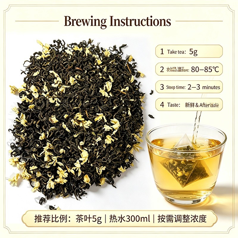 Tightly rolled whole leaves are scented with fresh flowers, resulting in a rich, natural floral aroma and a taste that is fresh, brisk, mellow, and sweet. The floral fragrance is deeply infused into the tea, which withstands multiple steepings; it is highly popular in the Russian market, and tea bag specifications can be customized.