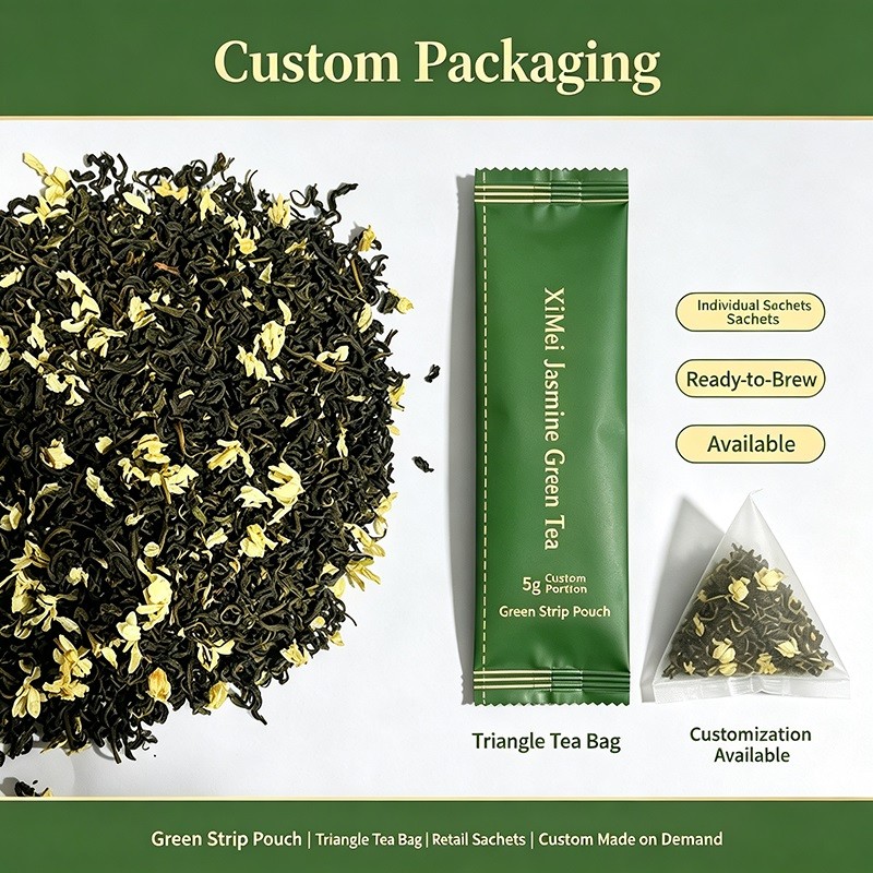 Tightly rolled whole leaves are scented with fresh flowers, resulting in a rich, natural floral aroma and a taste that is fresh, brisk, mellow, and sweet. The floral fragrance is deeply infused into the tea, which withstands multiple steepings; it is highly popular in the Russian market, and tea bag specifications can be customized.