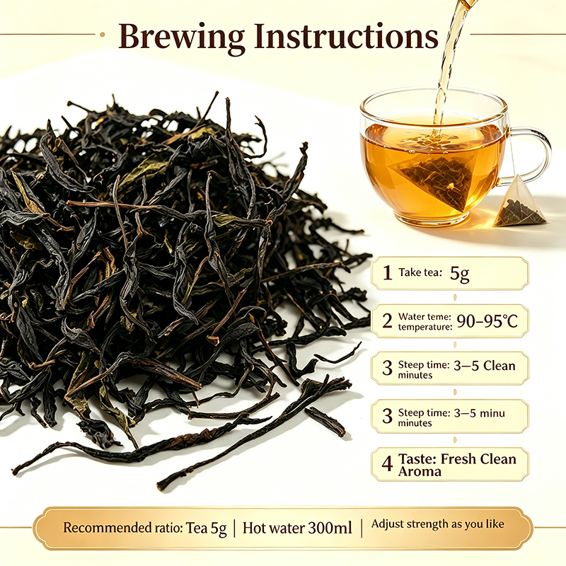 The tea features tightly curled, elongated leaves and offers an elegant, lingering floral aroma; it tastes mellow and smooth with a sweet aftertaste, retaining its flavor even after multiple steepings. Ideal for daily hot consumption, it is available for custom OEM/ODM production in 5g individual stick packs or pyramid tea bags, backed by a stable supply of high-altitude, eco-friendly raw materials.